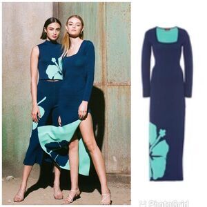 NEW Staud Carota Hibiscus Jacquard Long Sleeve Midi Dress Blue Size Large